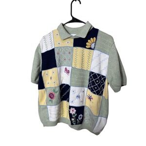Alfred Dunner Patchwork Floral Butterfly Embroidered Collared Polo Shirt Top L